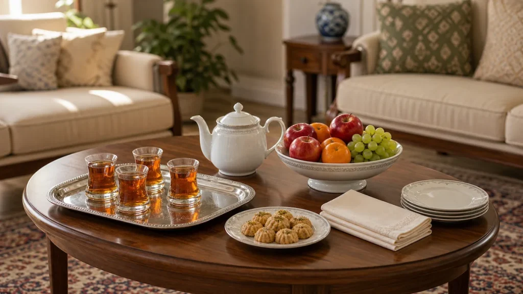 میز پذیرایی خواستگاری با چهار استکان چای، قوری، میوه و شیرینی