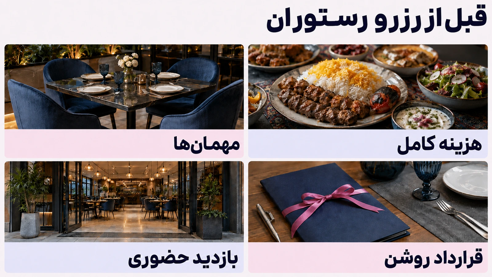 چهار موضوع پیش از رزرو: مهمان‌ها، هزینه کامل، بازدید حضوری و قرارداد روشن، کنار عکس میز، غذا، ورودی و پوشه.