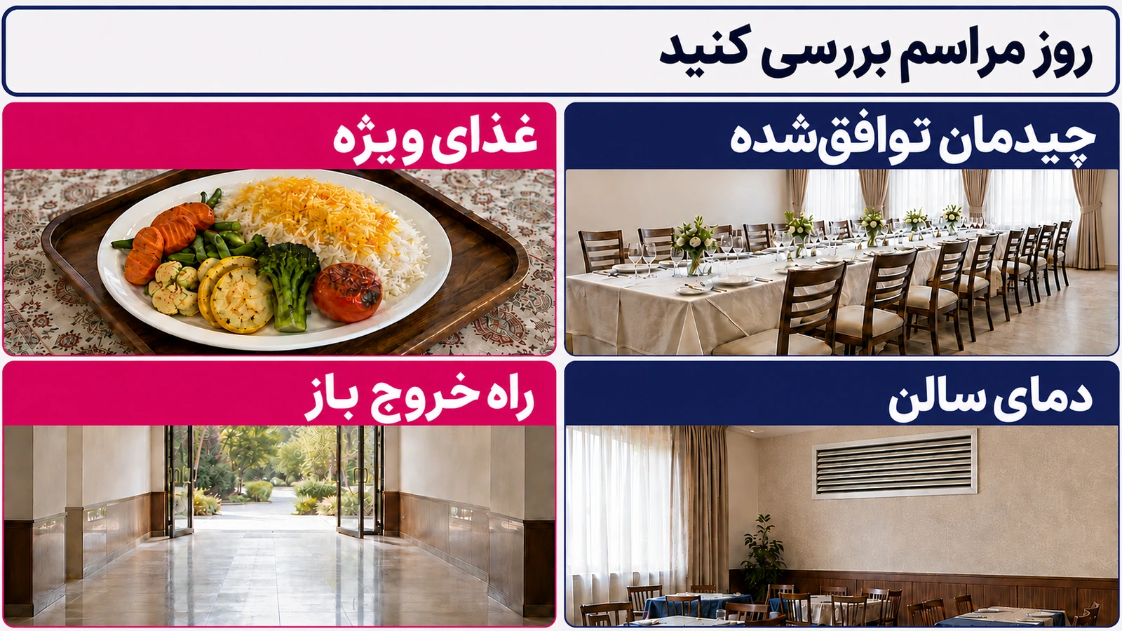 اینفوگرافی روز مراسم با برچسب‌های چیدمان توافق‌شده، غذای ویژه، دمای سالن و راه خروج باز.
